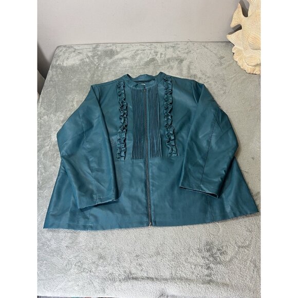 Susan Graver Women’s Teal Faux Leather Jacket Ruffle Front Classy NWOT - Picture 1 of 11